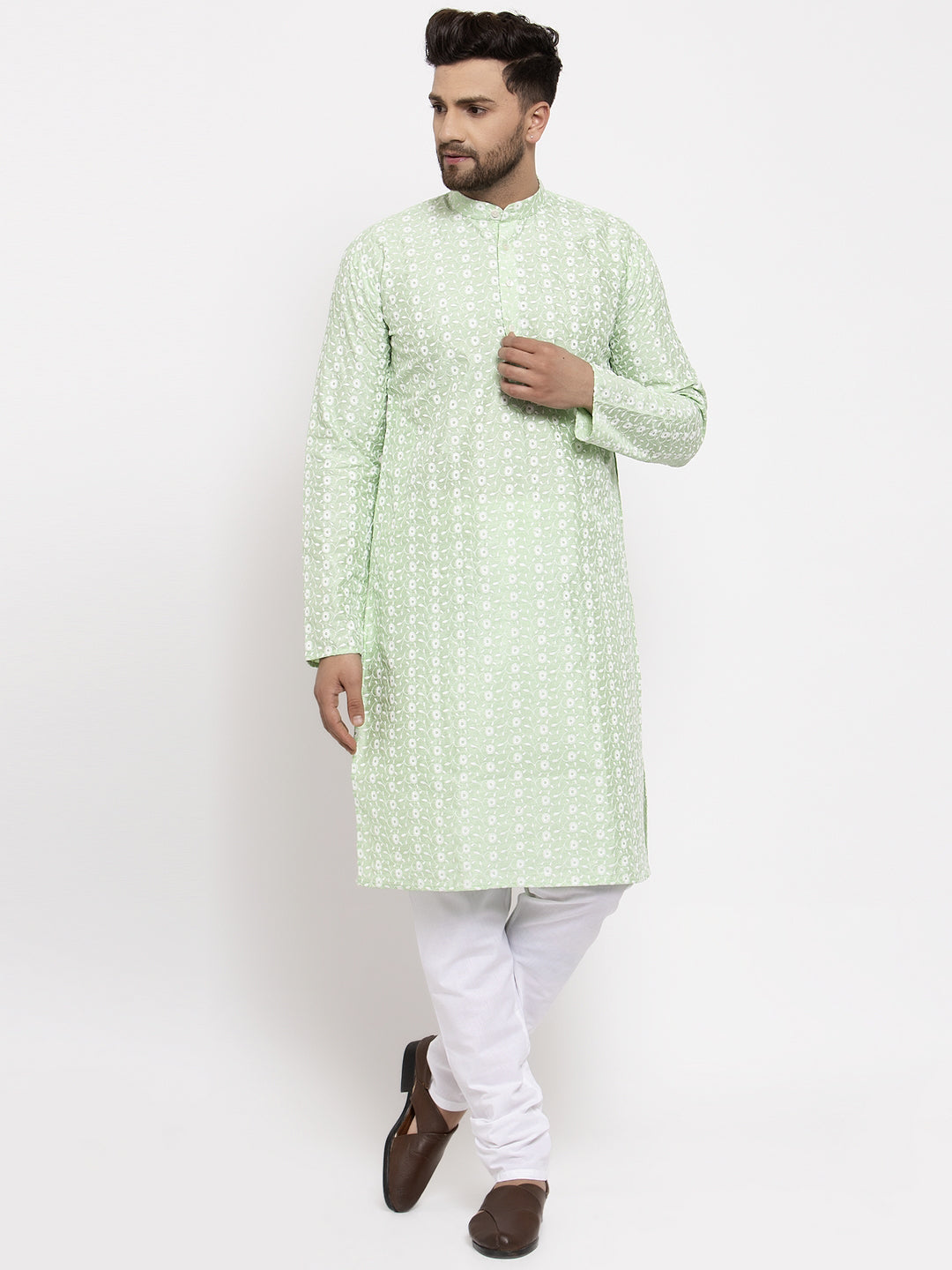 Jompers Men Mint Green Embroidered Kurta with Pyjamas - Distacart