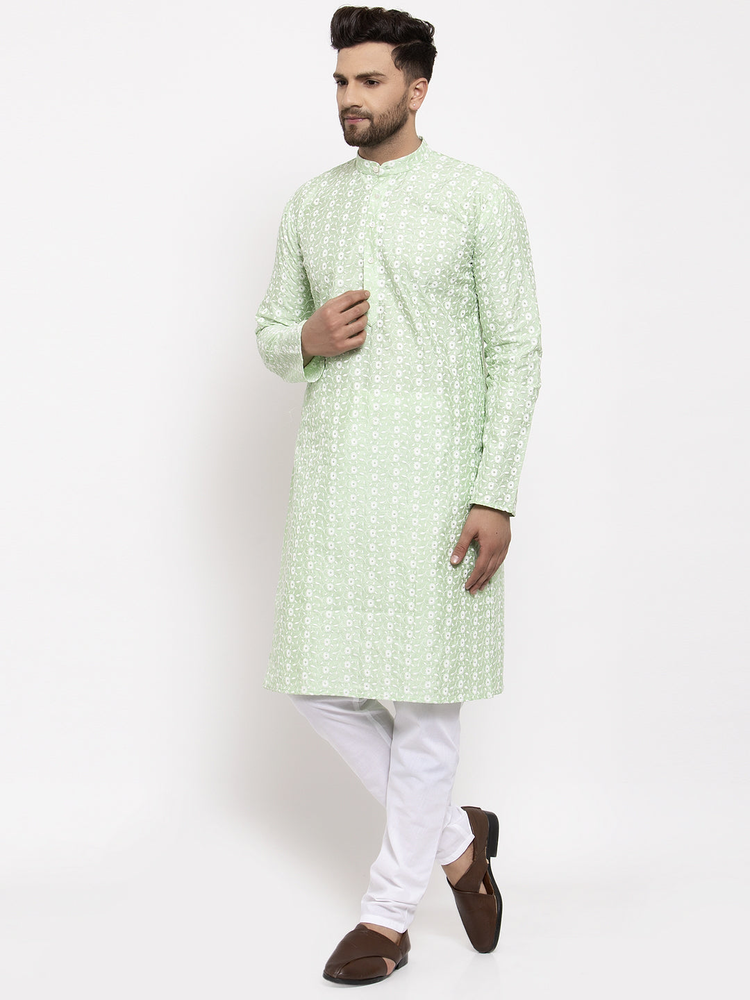 Jompers Men Mint Green Embroidered Kurta with Pyjamas - Distacart