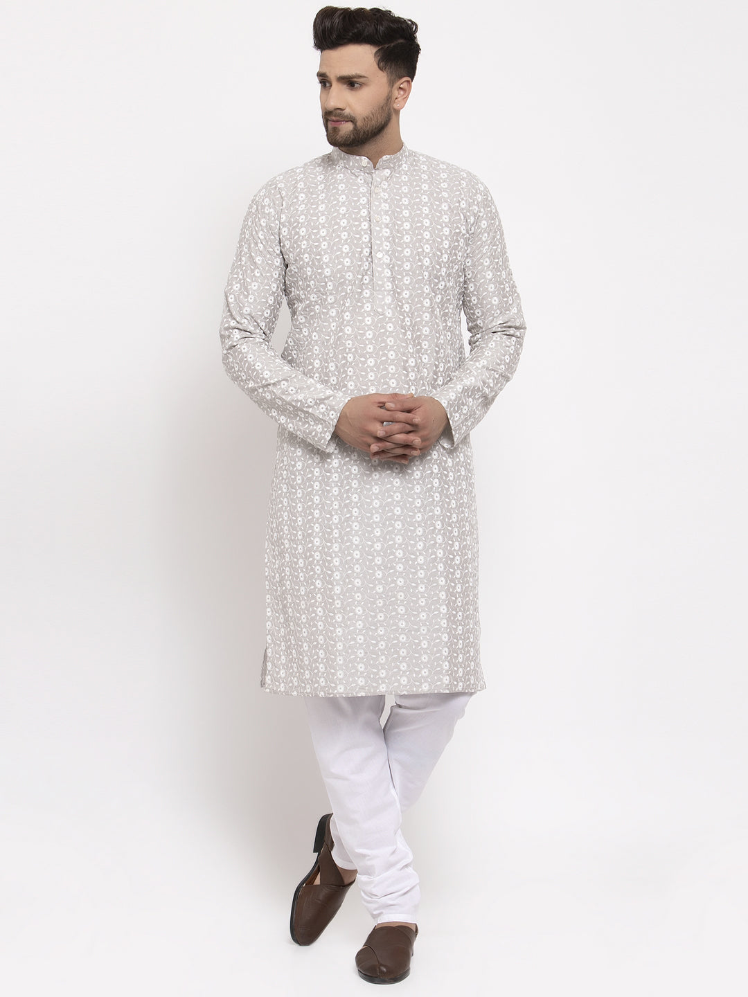 Jompers Light Grey Embroidered Kurta with Pyjamas - Distacart