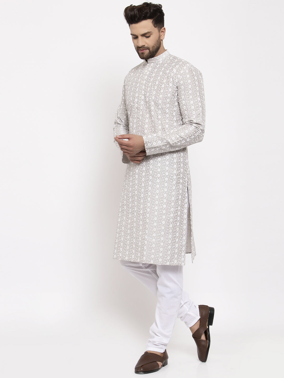 Jompers Light Grey Embroidered Kurta with Pyjamas - Distacart