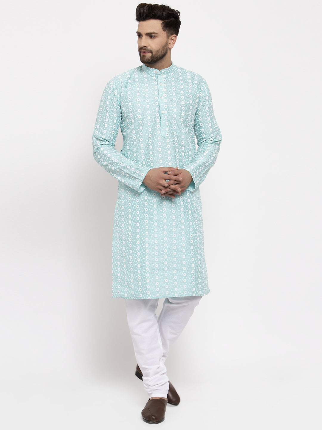 Jompers Men Turquoise Blue Embroidered Kurta with Pyjamas - Distacart
