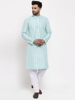 Thumbnail for Jompers Men Turquoise Blue Embroidered Kurta with Pyjamas - Distacart