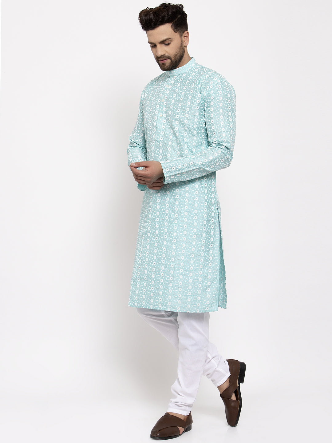 Jompers Men Turquoise Blue Embroidered Kurta with Pyjamas - Distacart