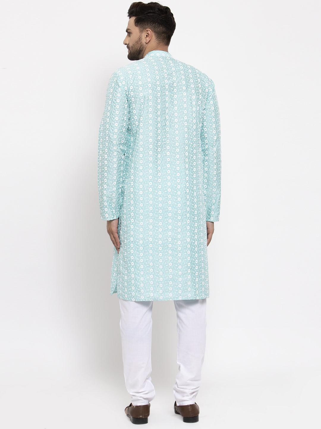 Jompers Men Turquoise Blue Embroidered Kurta with Pyjamas - Distacart
