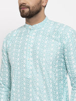 Thumbnail for Jompers Men Turquoise Blue Embroidered Kurta with Pyjamas - Distacart