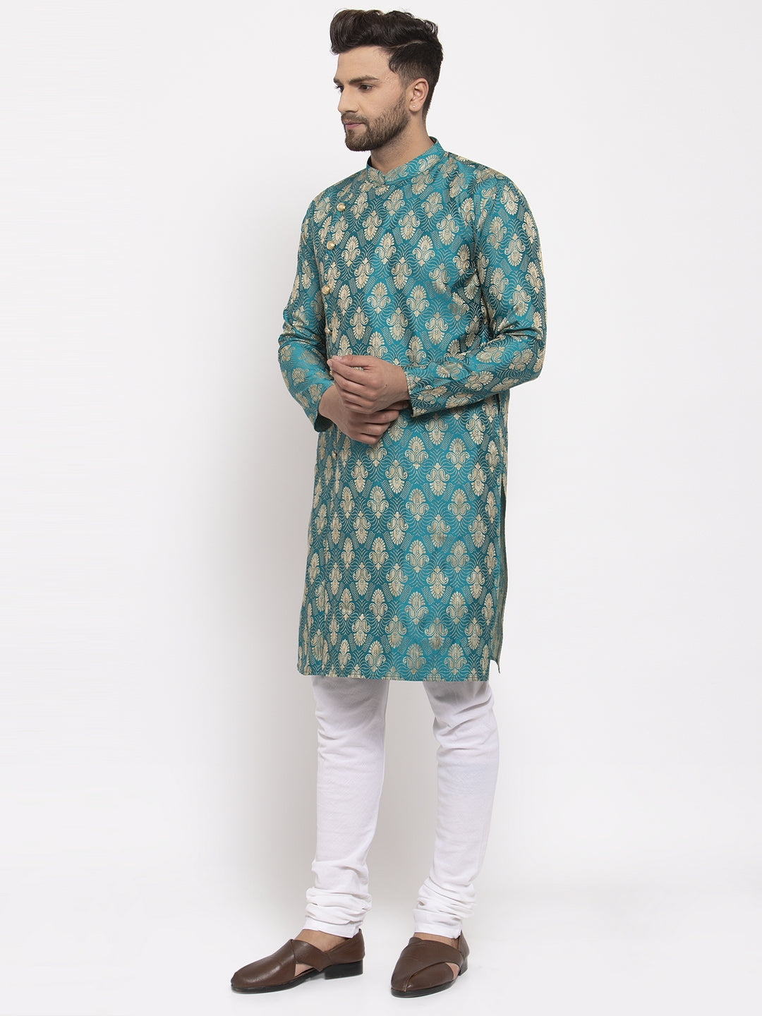 Jompers Men Green Jacquard Kurta with Churidar - Distacart
