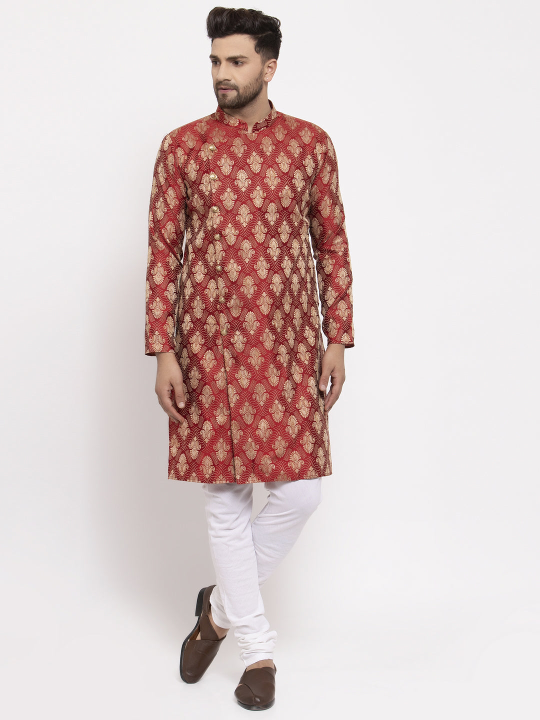 Jompers Men Maroon Jacquard Kurta with Churidar - Distacart