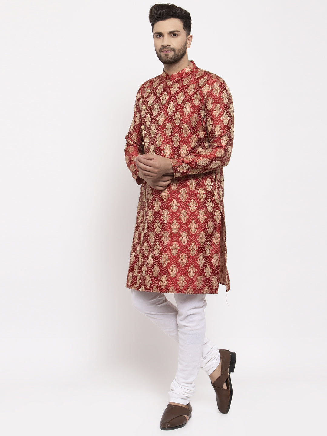 Jompers Men Maroon Jacquard Kurta with Churidar - Distacart