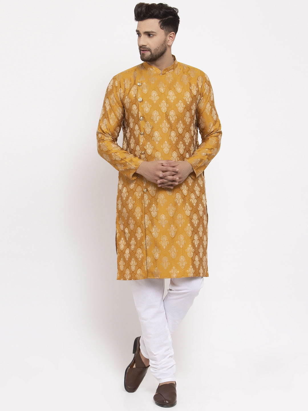 Jompers Men Mustard Yellow & White Jacquard Kurta with Churidar - Distacart