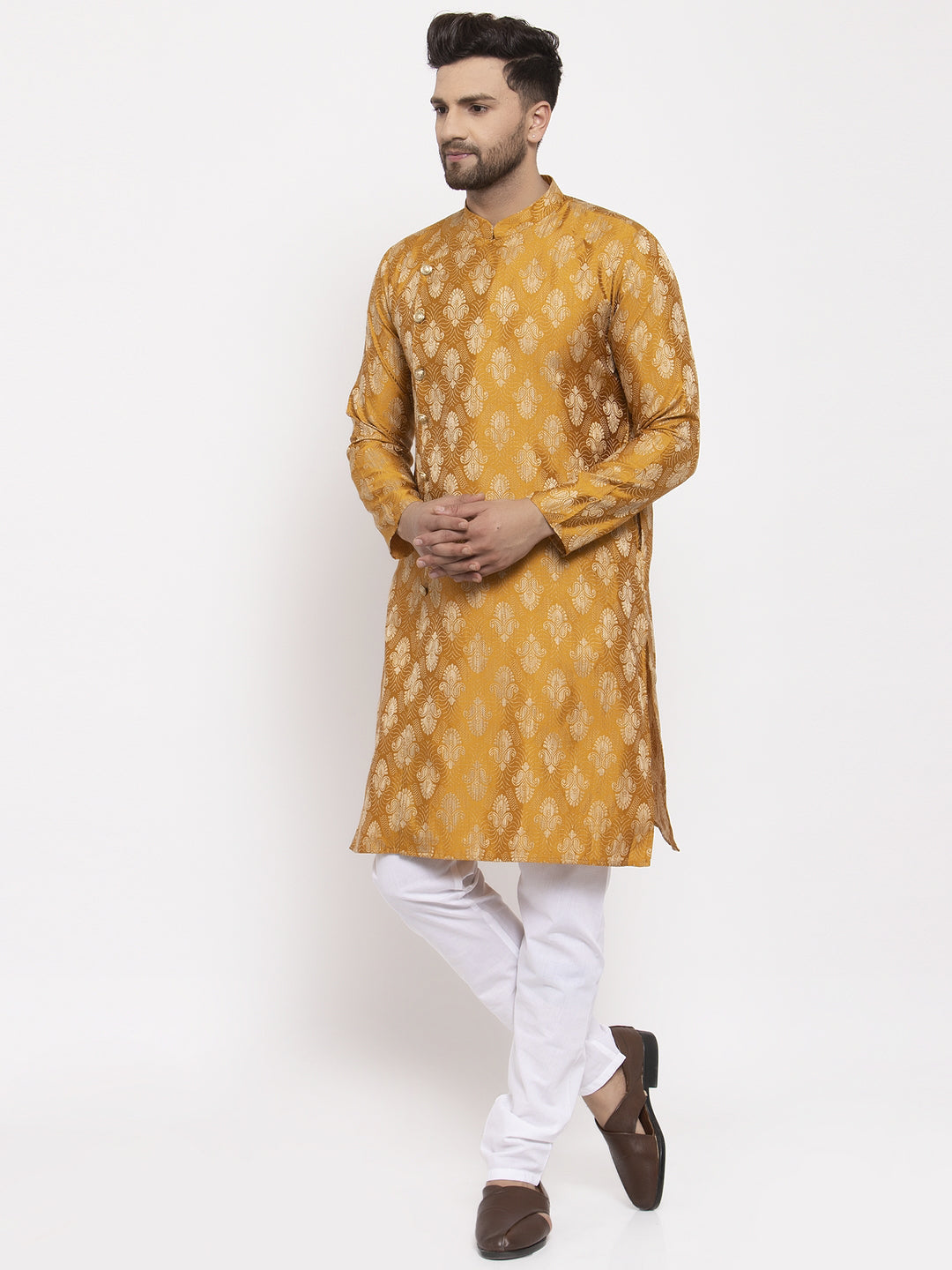 Jompers Men Mustard Yellow & White Jacquard Kurta with Churidar - Distacart