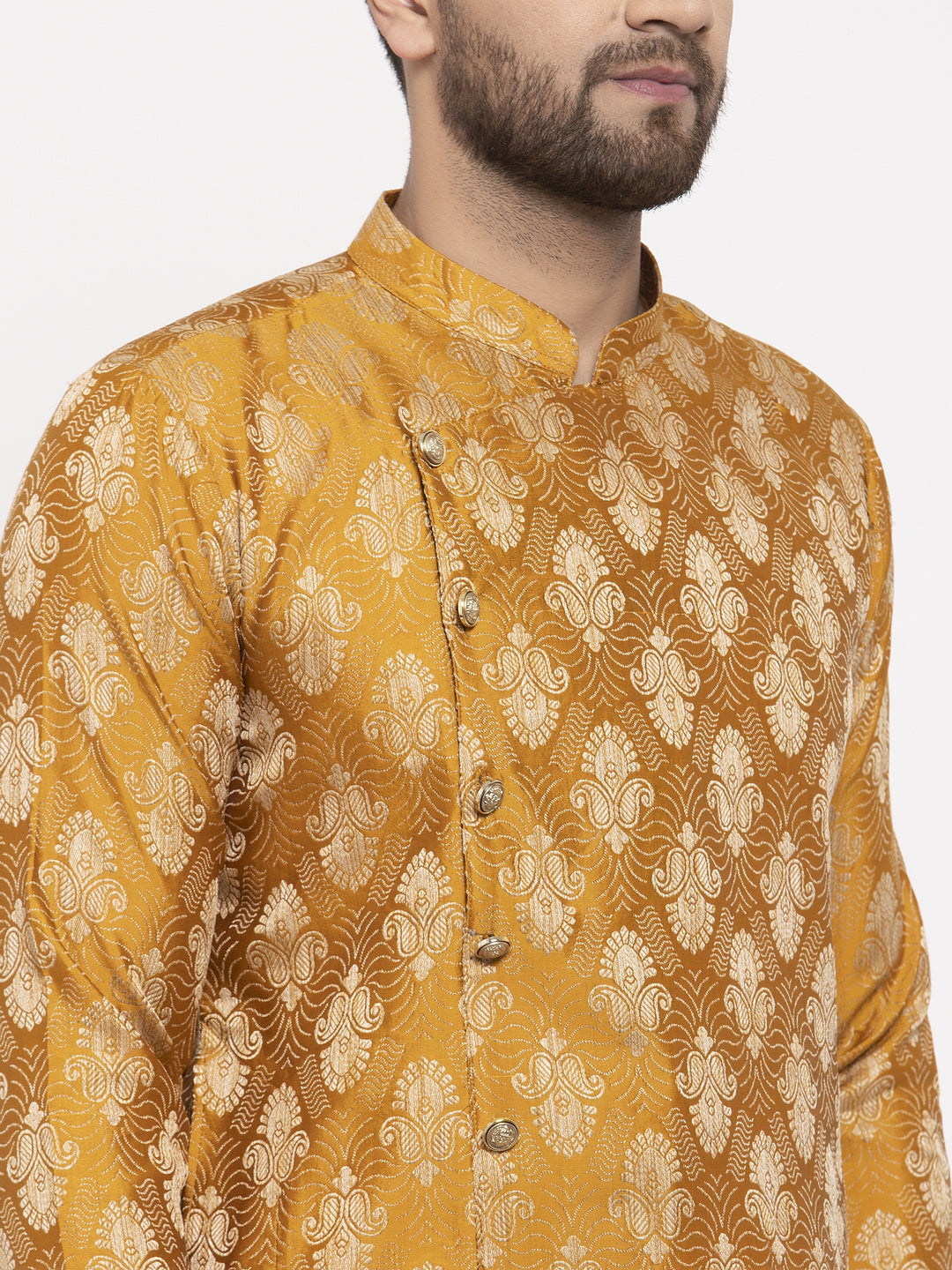 Jompers Men Mustard Yellow & White Jacquard Kurta with Churidar - Distacart
