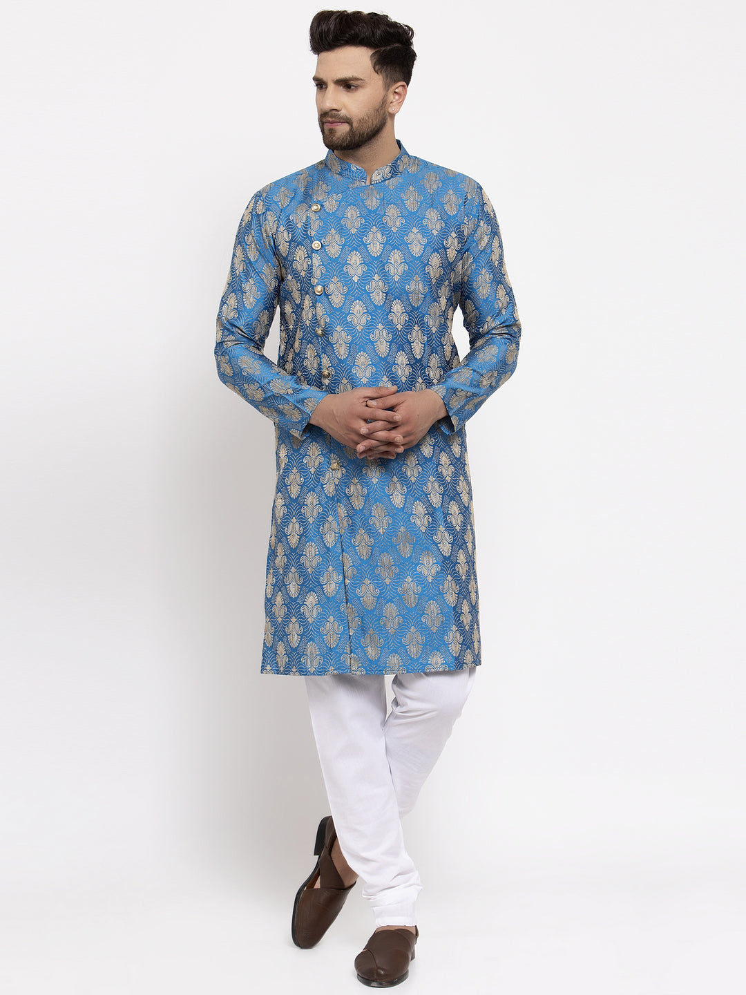 Jompers Men Blue Jacquard Kurta with Churidar - Distacart