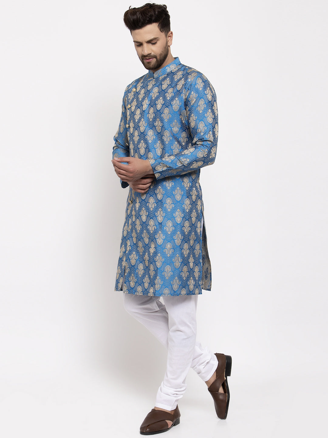 Jompers Men Blue Jacquard Kurta with Churidar - Distacart