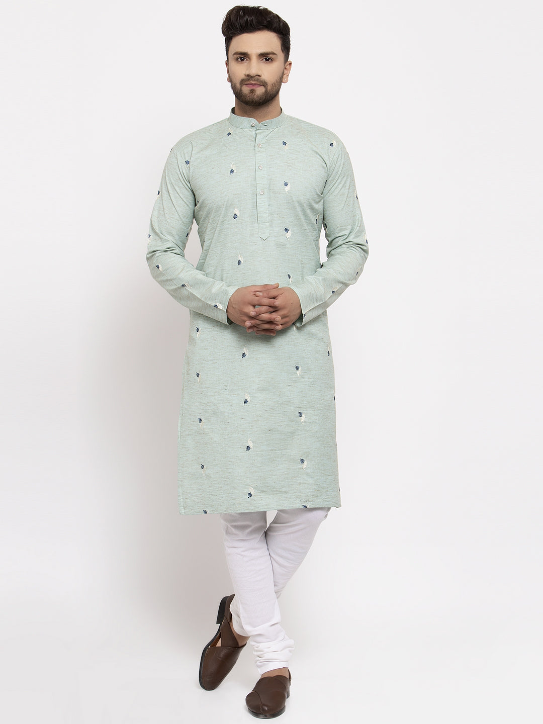 Jompers Men's Beautiful Green Printed Cotton Kurta Payjama Sets