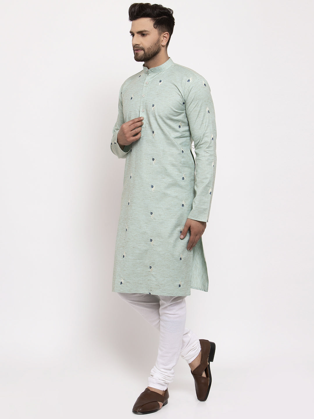 Jompers Men's Beautiful Green Printed Cotton Kurta Only