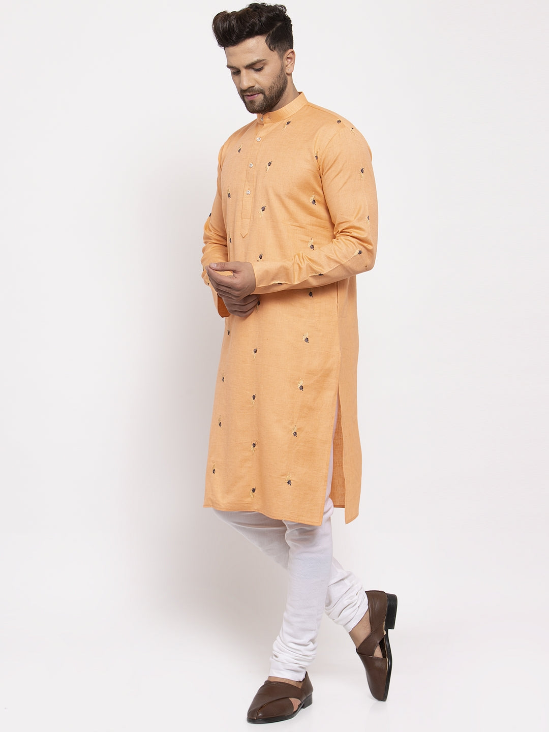Jompers Men's Orange Printed Cotton Kurta Payjama Sets