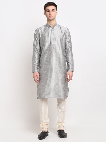 Jompers Men's Silver Solid Dupion Silk Kurta Payjama Set