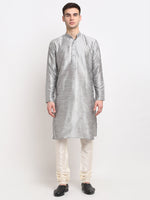 Thumbnail for Jompers Men's Silver Solid Dupion Silk Kurta Only