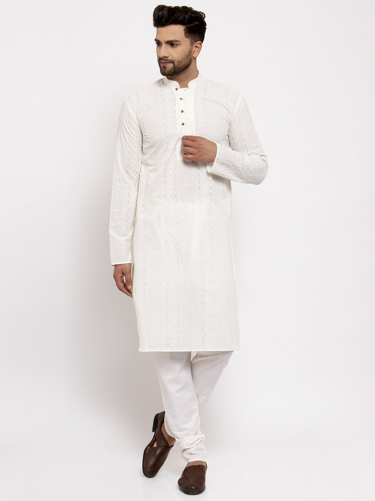 Jompers Men Cream Embroidered Kurta with Pyjamas - Distacart