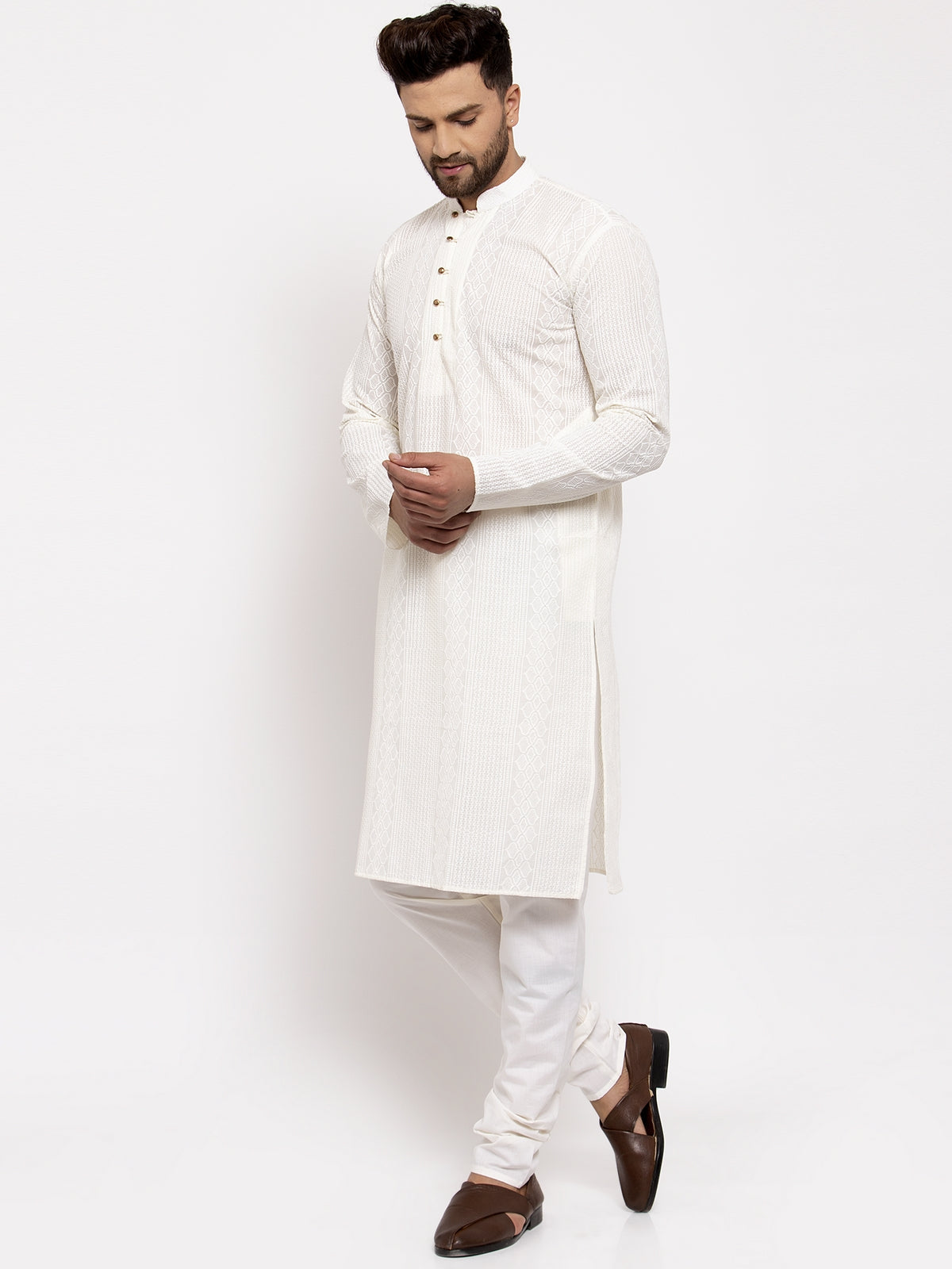 Jompers Men Cream Embroidered Kurta with Pyjamas - Distacart