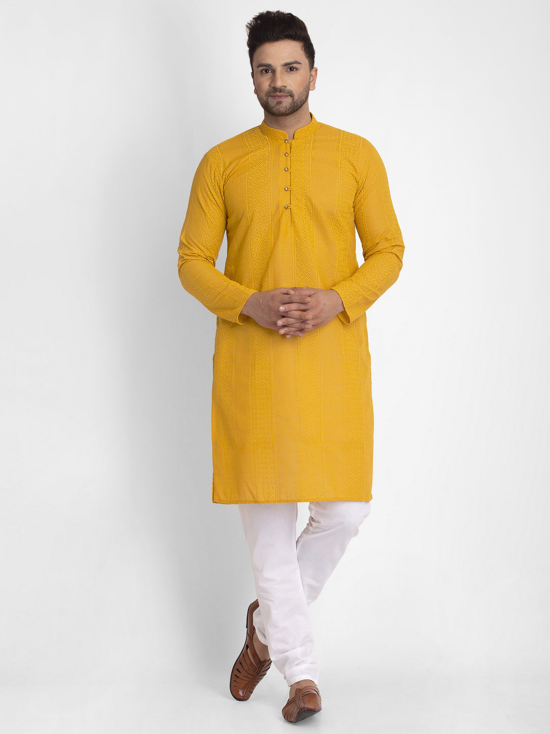 Jompers Men Mustard Embroidered Kurta with Pyjamas - Distacart