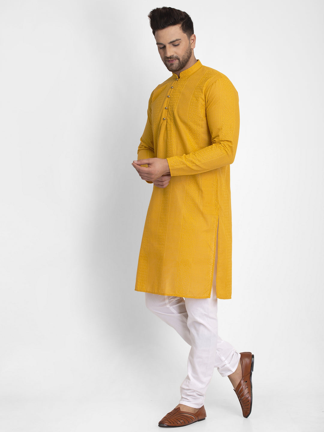 Jompers Men Mustard Embroidered Kurta with Pyjamas - Distacart