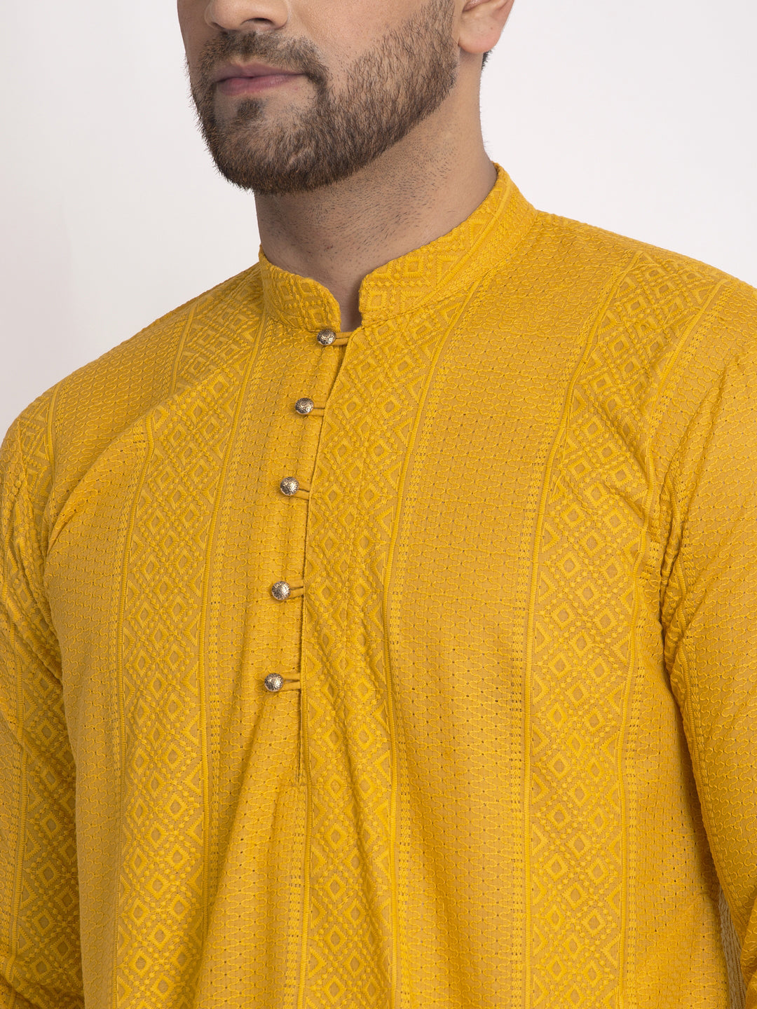 Jompers Men Mustard Embroidered Kurta with Pyjamas - Distacart