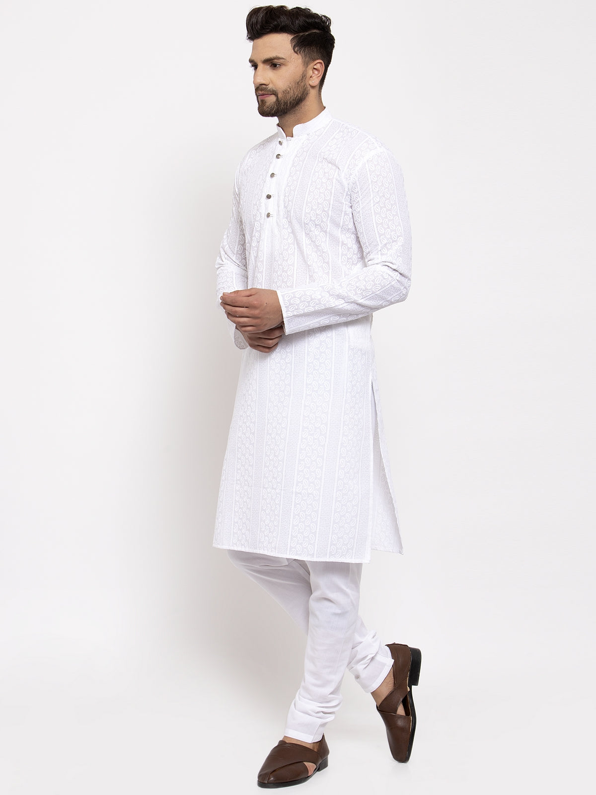 Jompers Men White Embroidered Kurta with Pyjamas - Distacart