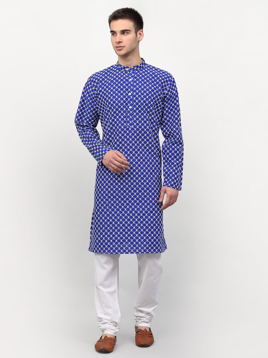 Jompers Men Royal-Blue Chikankari Kurta with Churidar - Distacart