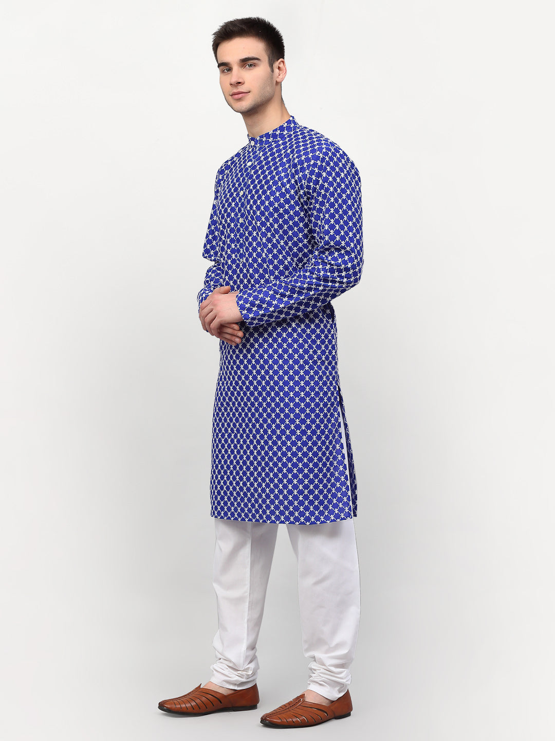 Jompers Men Royal-Blue Chikankari Kurta with Churidar - Distacart