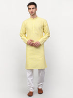 Thumbnail for Jompers Men Yellow Chikankari Kurta with Churidar - Distacart