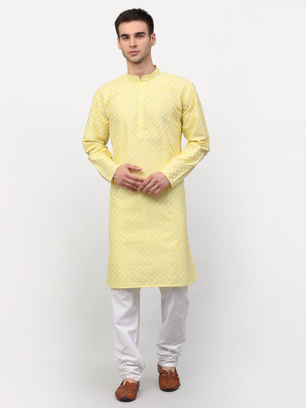 Jompers Men Yellow Chikankari Kurta with Churidar - Distacart