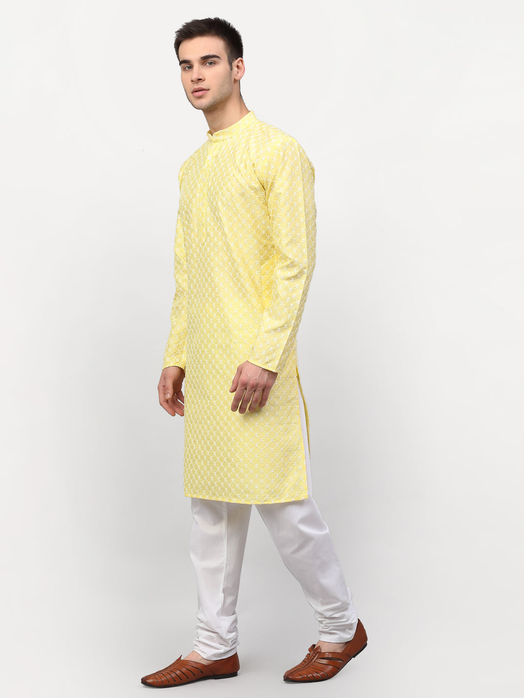 Jompers Men Yellow Chikankari Kurta with Churidar - Distacart
