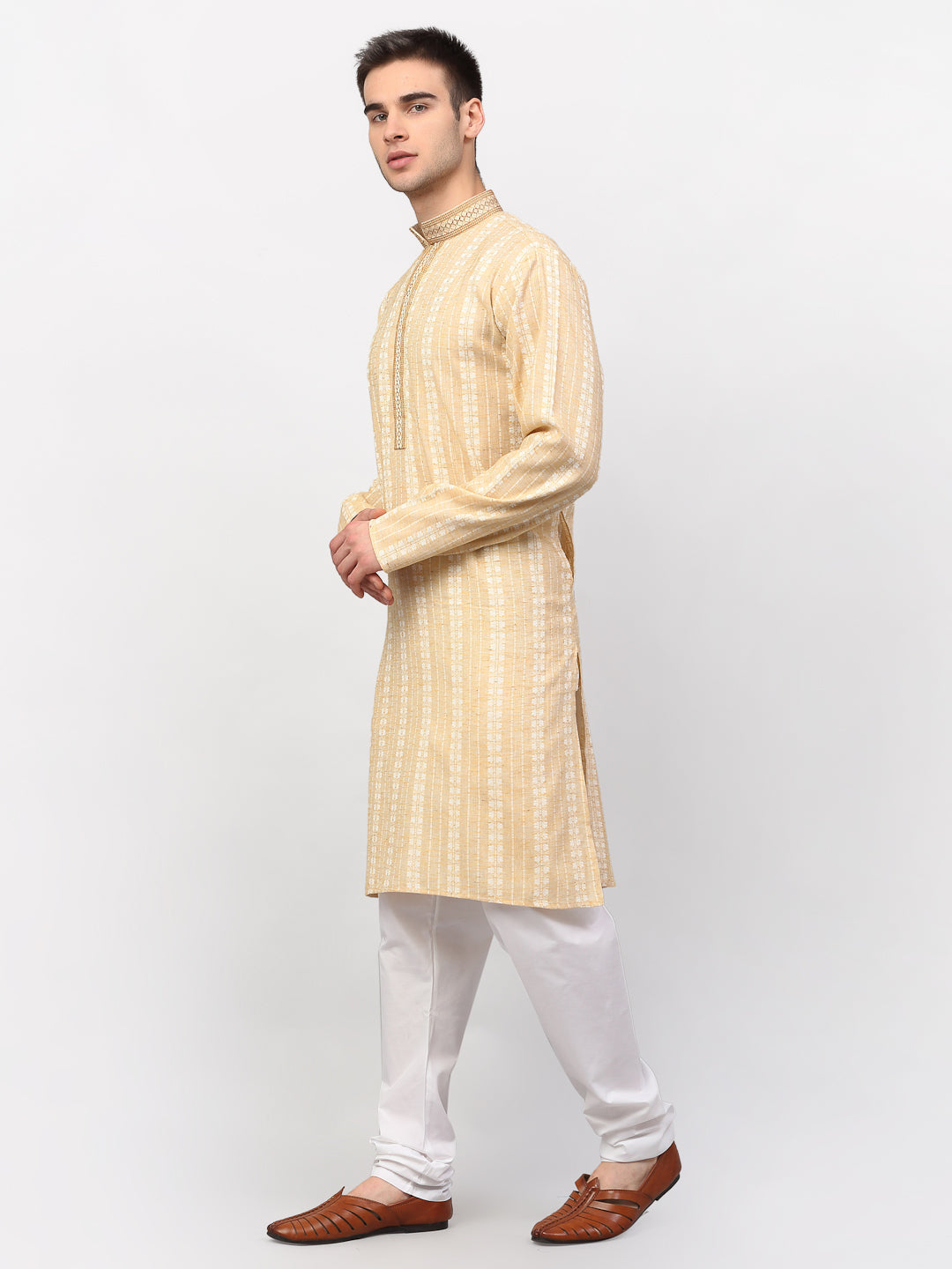 Jompers Men's Beige Woven Kurta Pajama