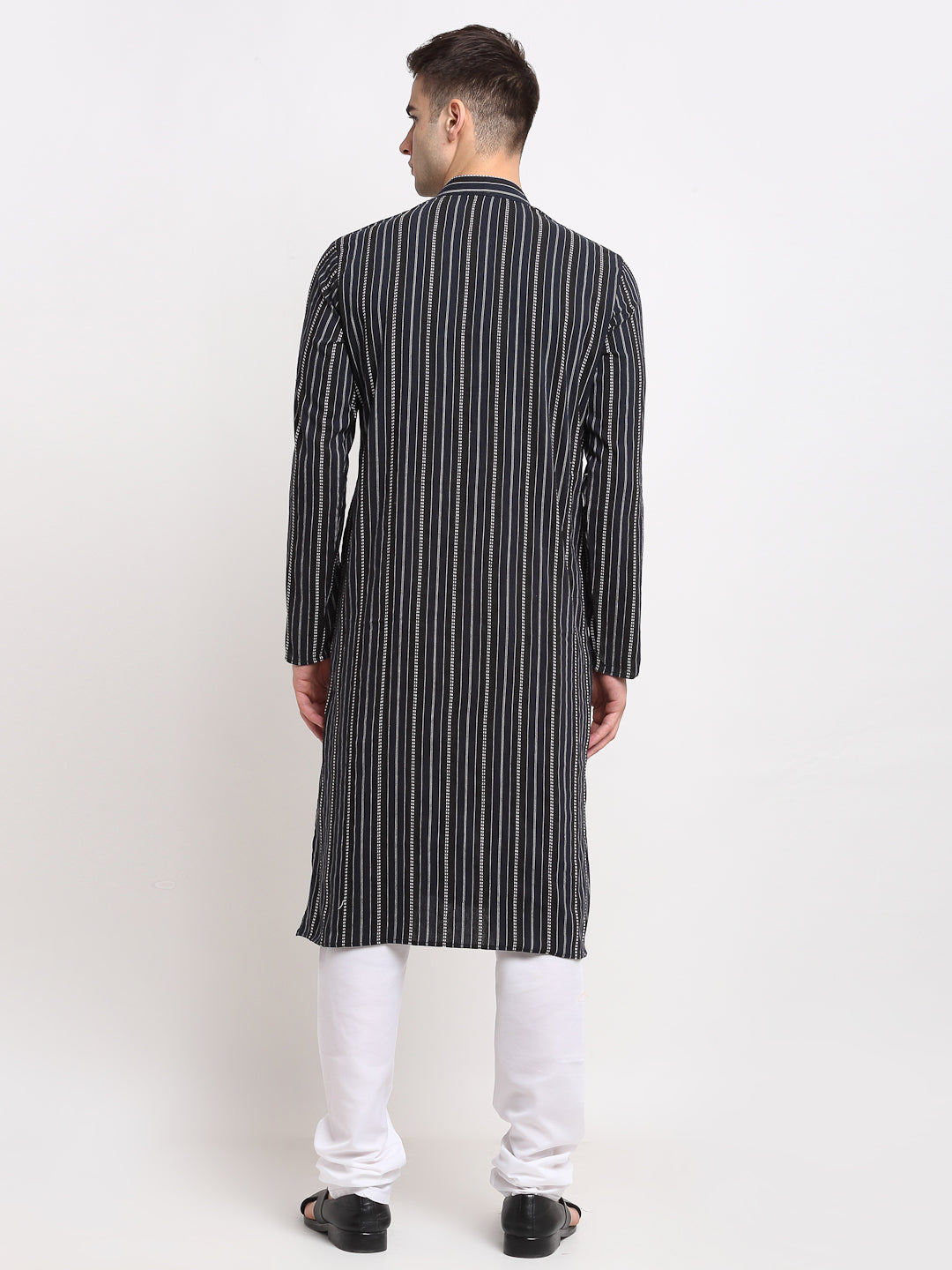 Jompers Men's Black Cotton Striped Kurta Payjama Sets