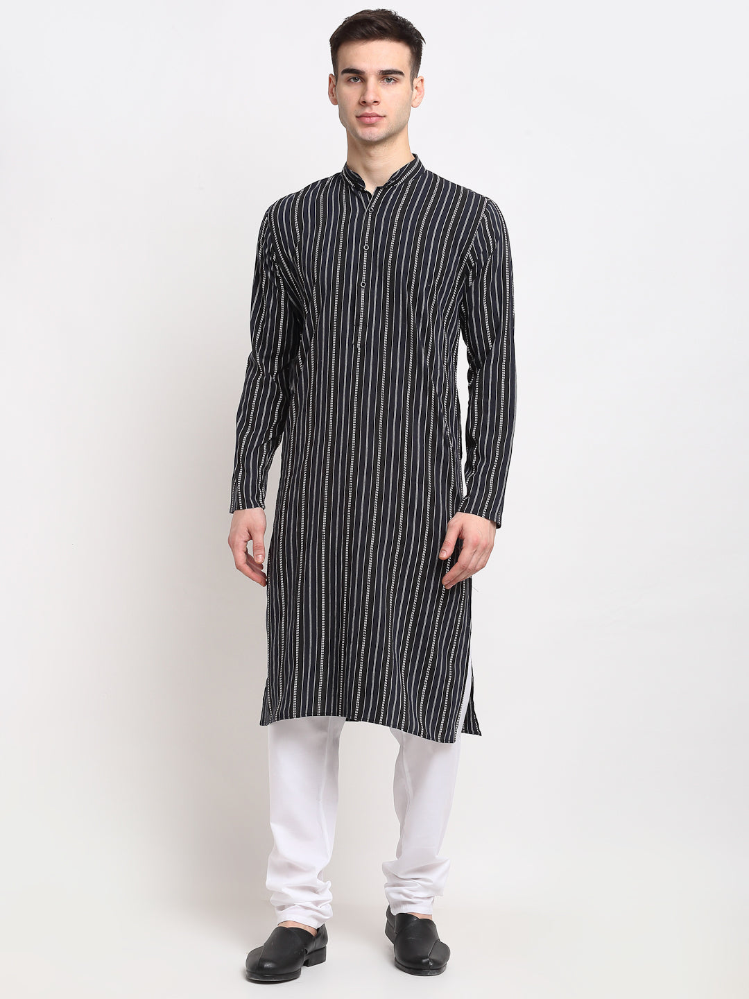 Jompers Men's Black Cotton Striped Kurta Only