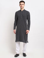 Thumbnail for Jompers Men's Black Cotton Striped Kurta Only