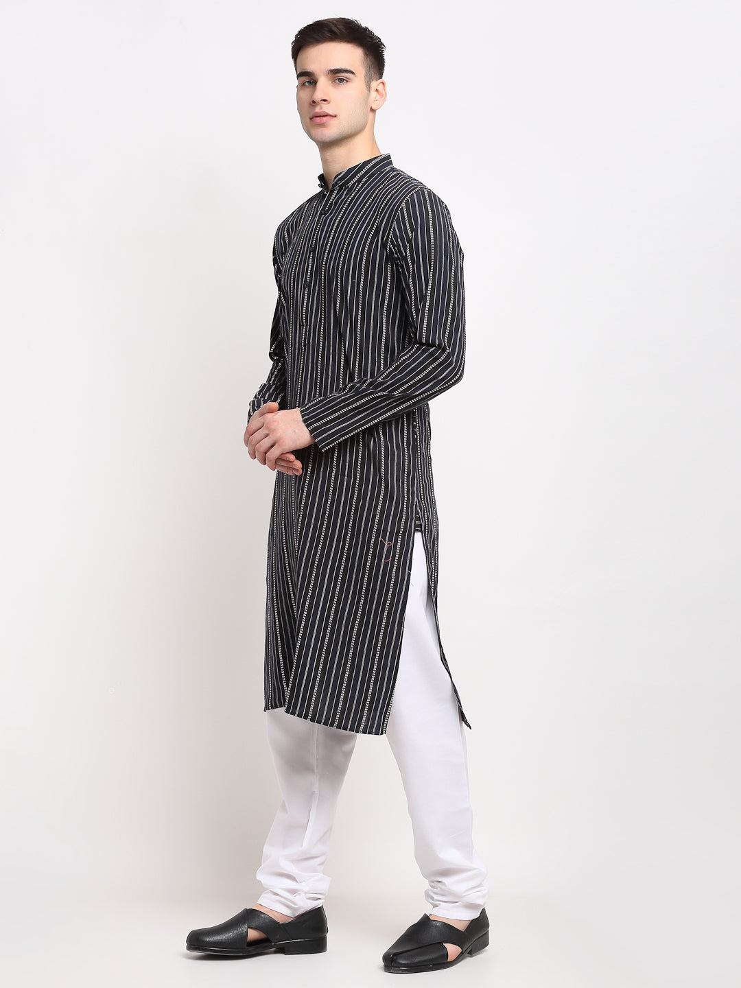 Jompers Men's Black Cotton Striped Kurta Only