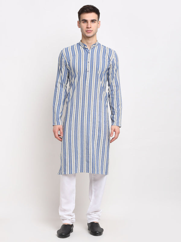 Jompers Men's Blue Cotton Striped Kurta Only