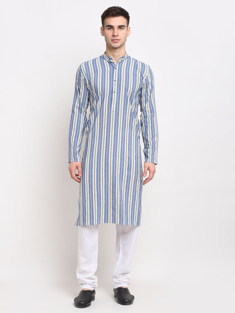 Jompers Men&#39;s Blue Cotton Striped Kurta Payjama Sets