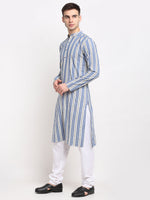 Thumbnail for Jompers Men's Blue Cotton Striped Kurta Payjama Sets