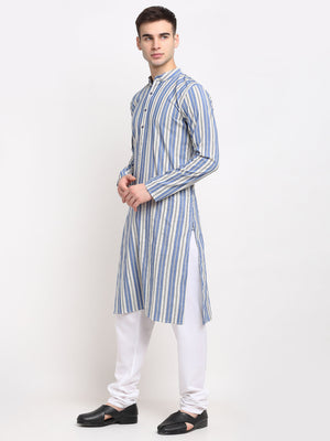 Jompers Men's Blue Cotton Striped Kurta Payjama Sets