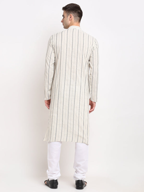 Jompers Men's Cream Cotton Striped Kurta Payjama Sets