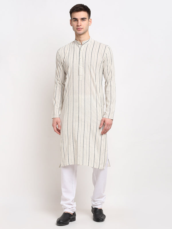 Jompers Men's Cream Cotton Striped Kurta Only