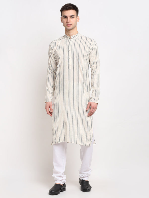 Jompers Men's Cream Cotton Striped Kurta Payjama Sets