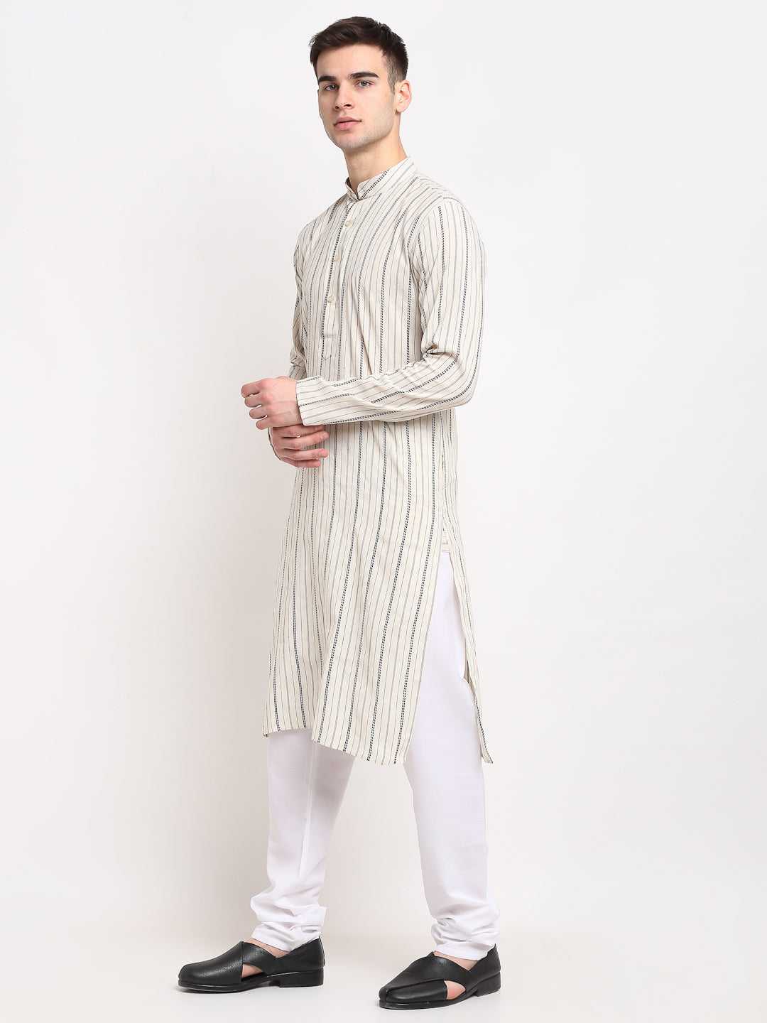Jompers Men's Cream Cotton Striped Kurta Payjama Sets