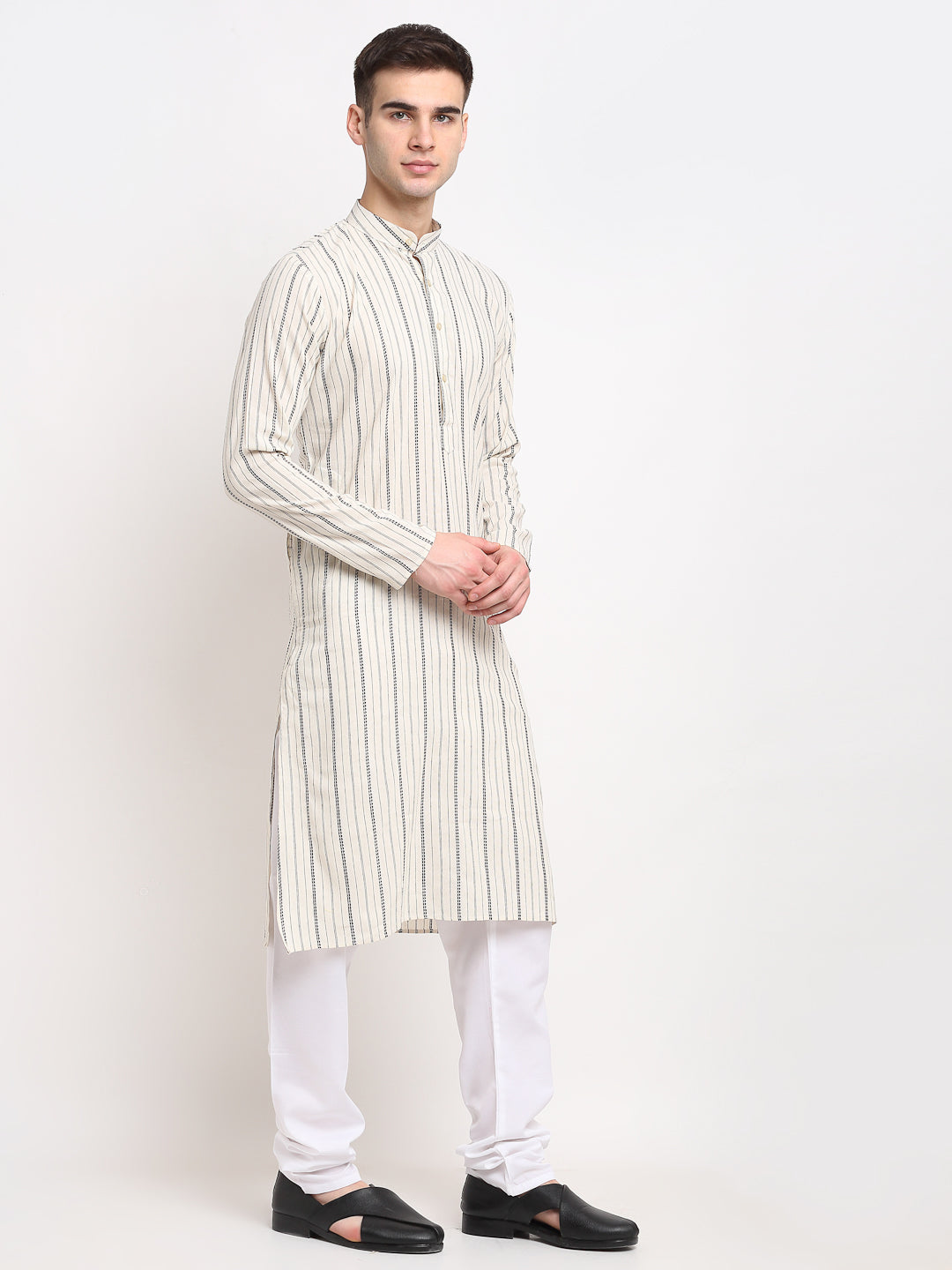 Jompers Men's Cream Cotton Striped Kurta Payjama Sets