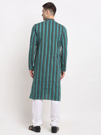 Thumbnail for Jompers Men's Green Cotton Striped Kurta Payjama Sets