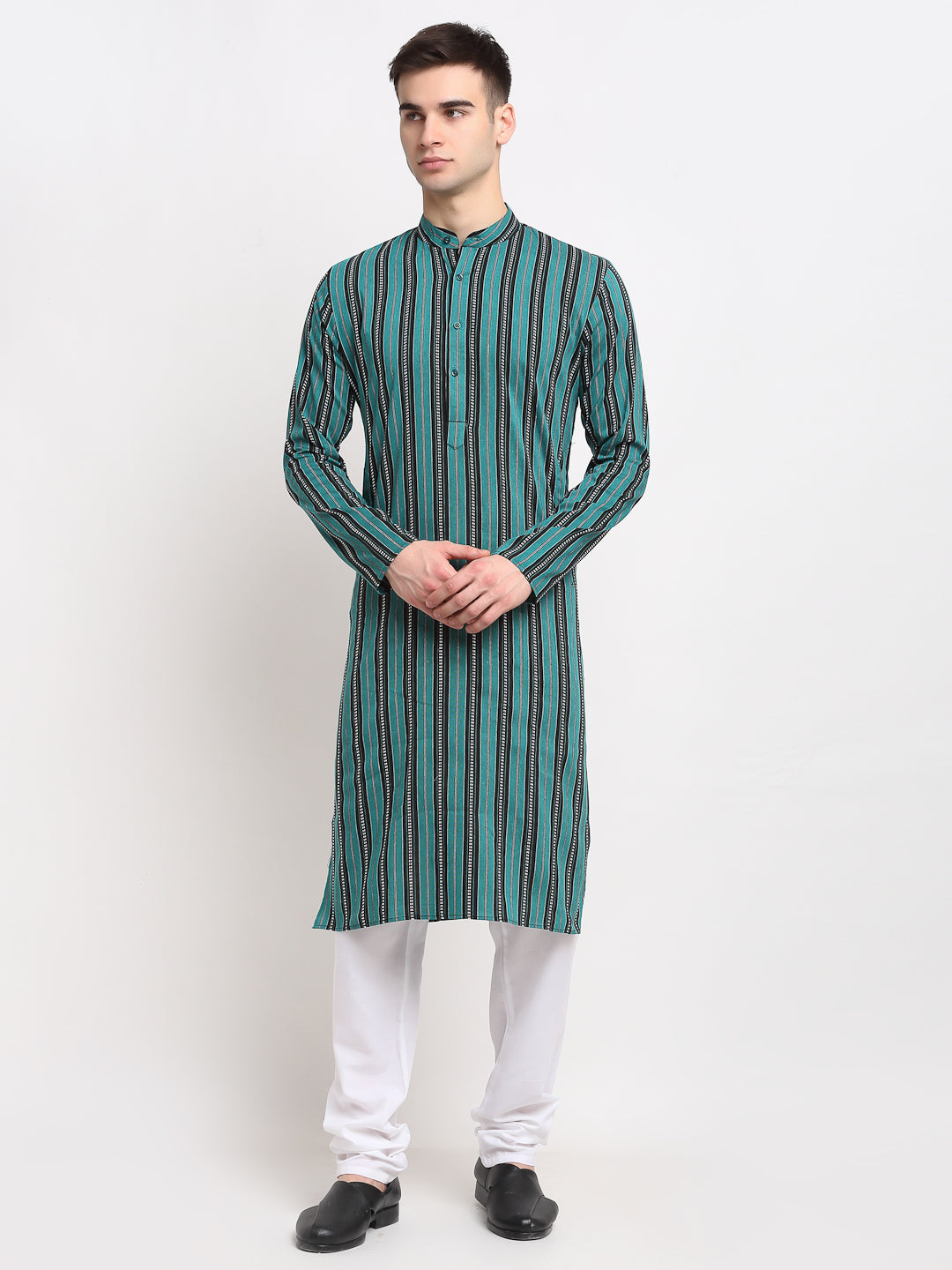 Jompers Men's Green Cotton Striped Kurta Payjama Sets