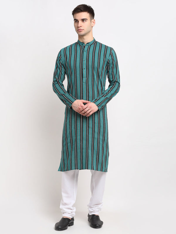 Jompers Men's Green Cotton Striped Kurta Only